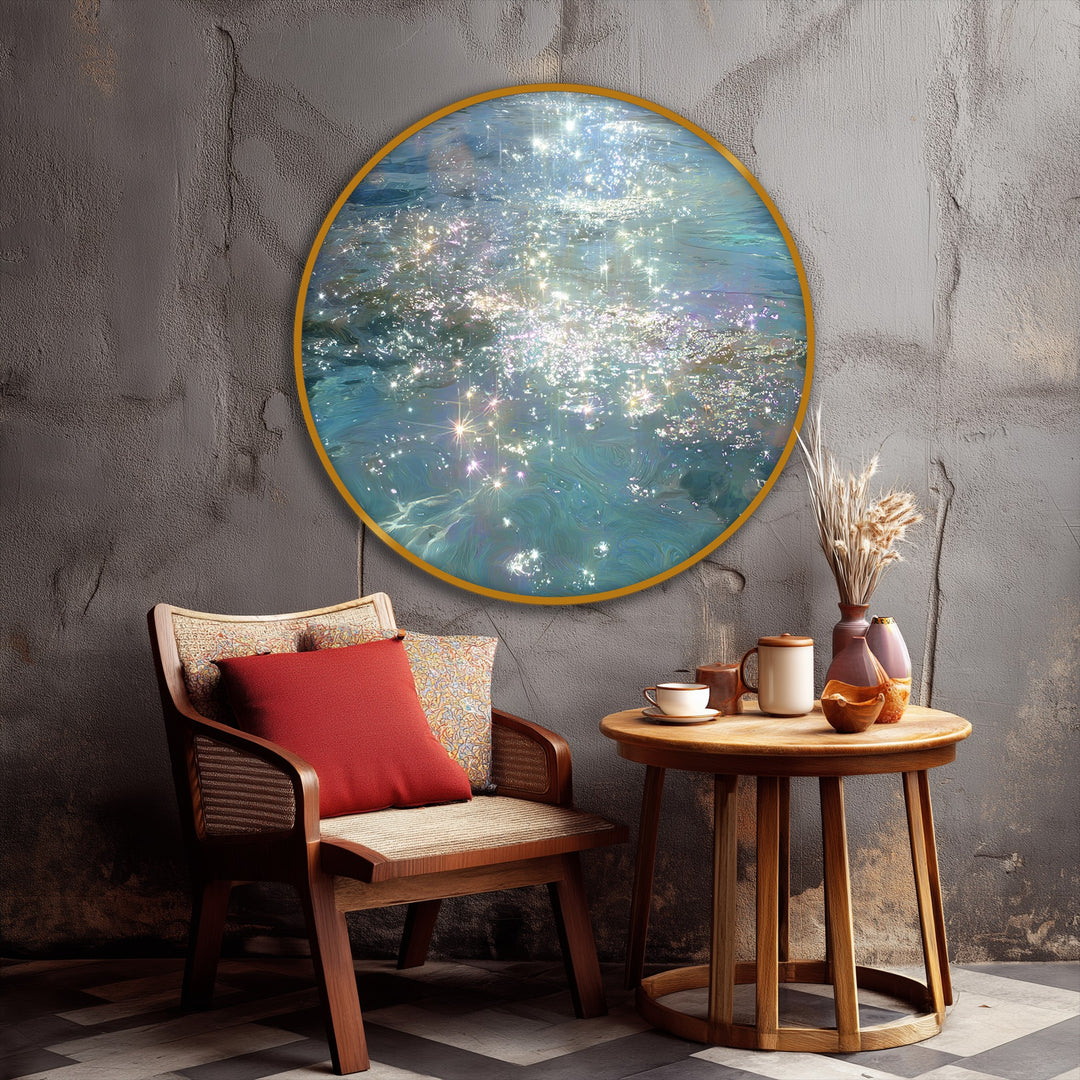 Finished with shimmering sparkles, this iridescent ocean scene is a round canvas art prints showcasing water light effects.