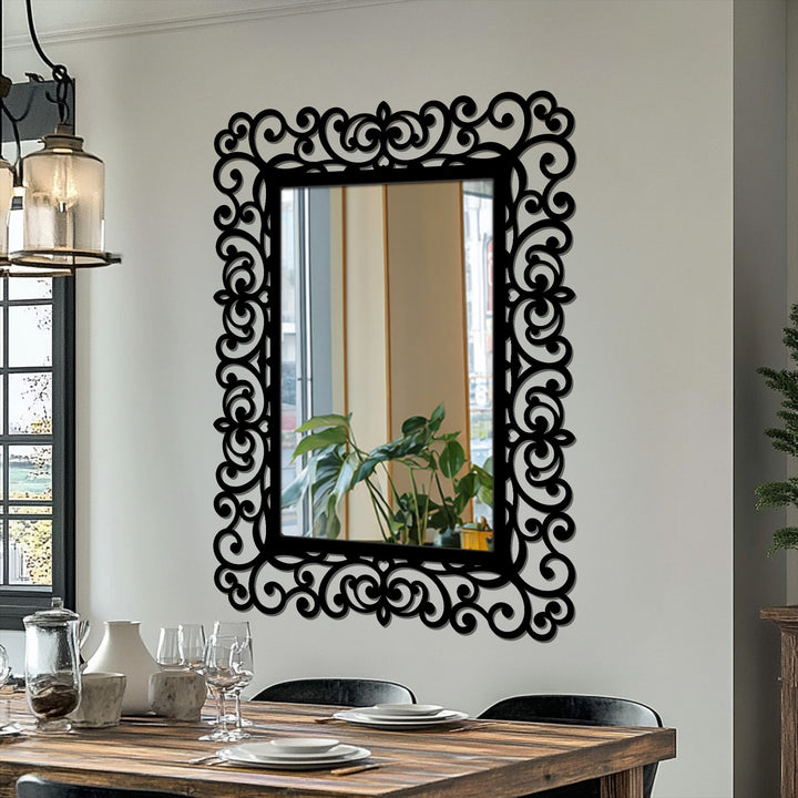Foreground showcases the ornate black frame of this elegant baroque scroll rectangular floor mirror, a distinctive example of metal art for wall.