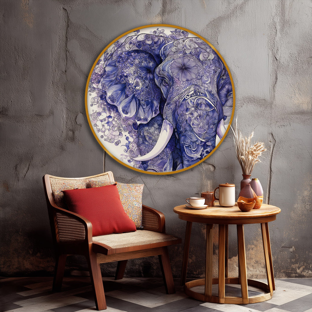 Intricate Blue Elephant Illustration Round Canvas Print – Artistic Wildlife Wall Art