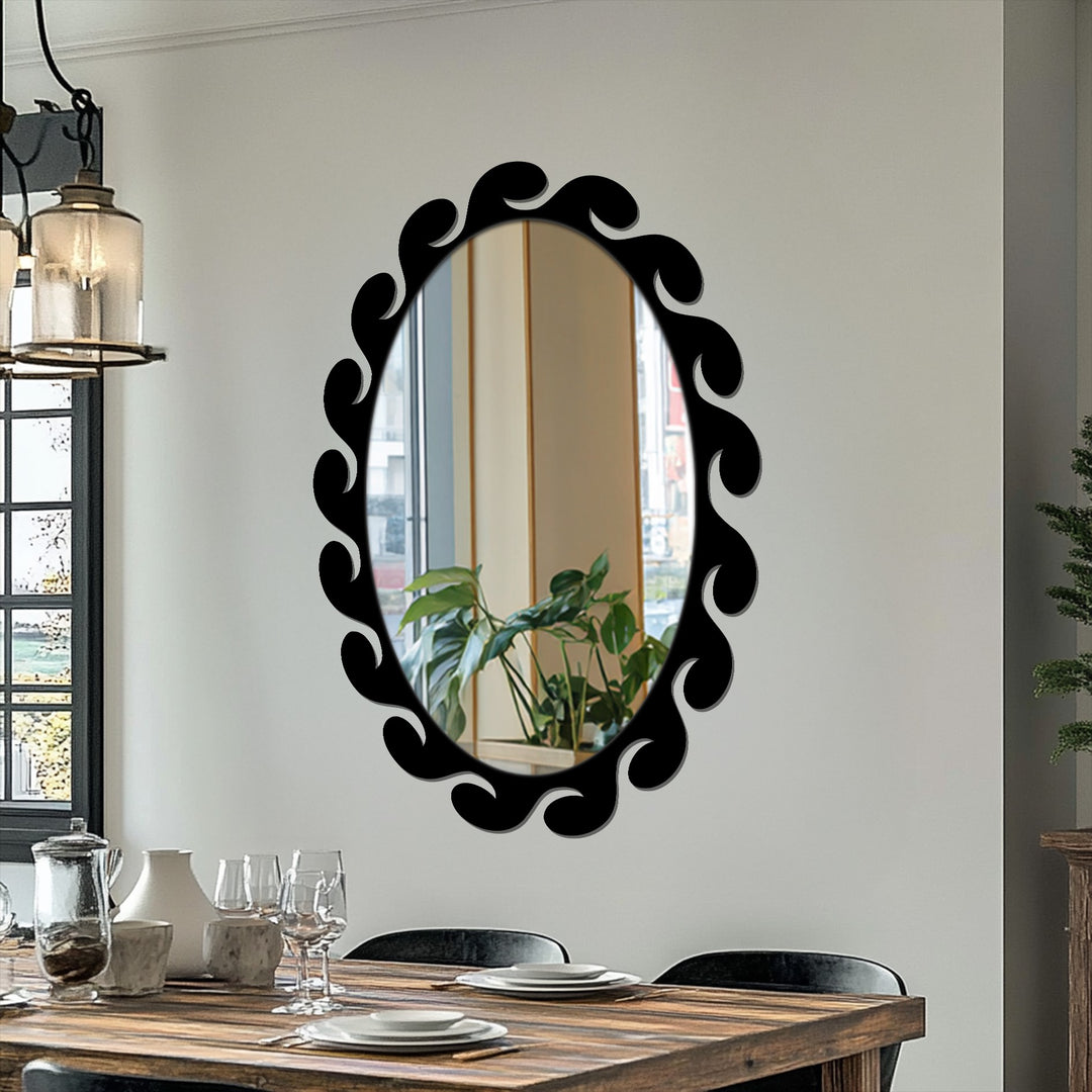 The stillness in the room is accentuated by the Fluid Wave Sculpted Oval Floor Mirror, an example of sophisticated decorating with wall mirrors.