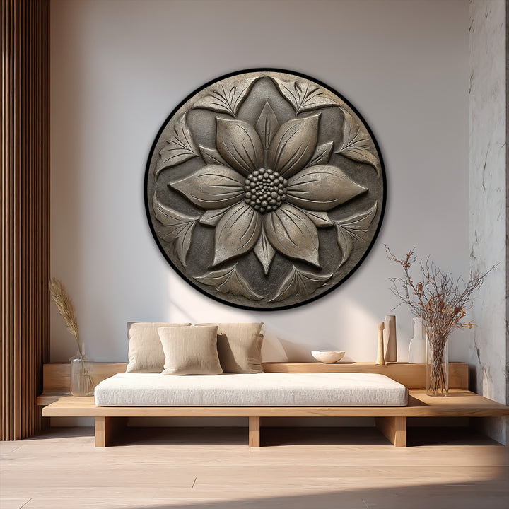 Subtle shifts in shading highlight the detailed carving of this vintage blossom relief round oil painting wall art, enhancing its vintage charm.