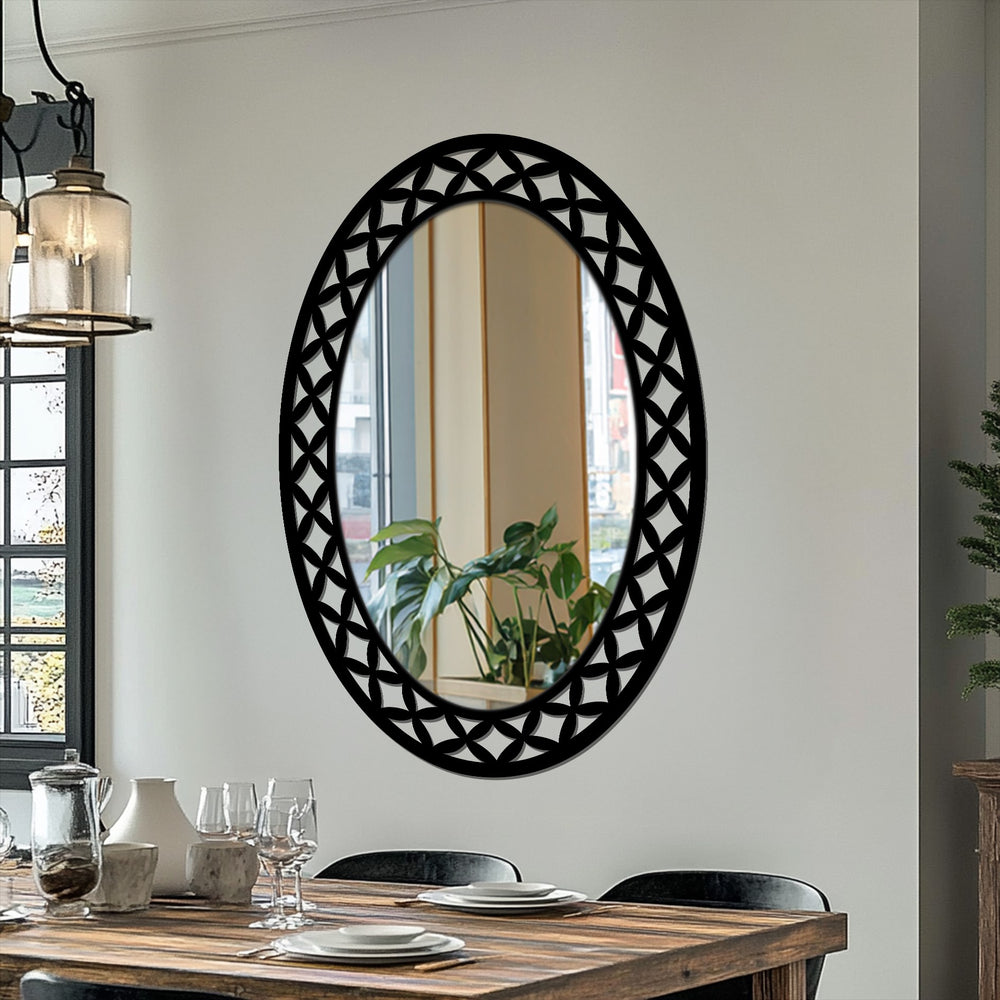 The oval mirror's geometric petal frame presents a captivating visual rhythm, enhancing its style as a unique piece of decoration wall art.