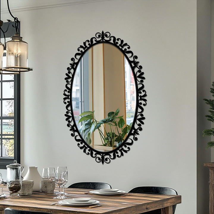 Negative space defines the intricate floral scrollwork frame of the oval stained glass wall mirror, highlighting the reflection and its unique decoration wall art presence.