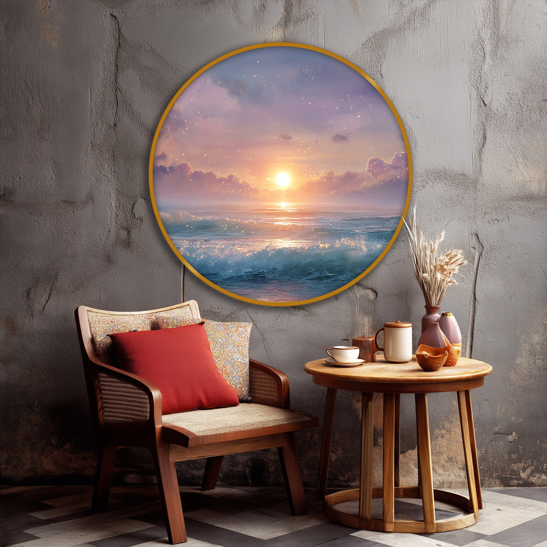 Toile ronde « Coucher de soleil onirique et scintillant sur l'océan » –Décoration murale représentant un paysage marin magique