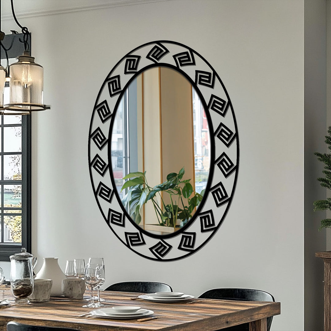Featuring a bold, decorative metal art border, this modern oval floor mirror uses a Greek key pattern to create a striking edge for decorating with wall mirrors.