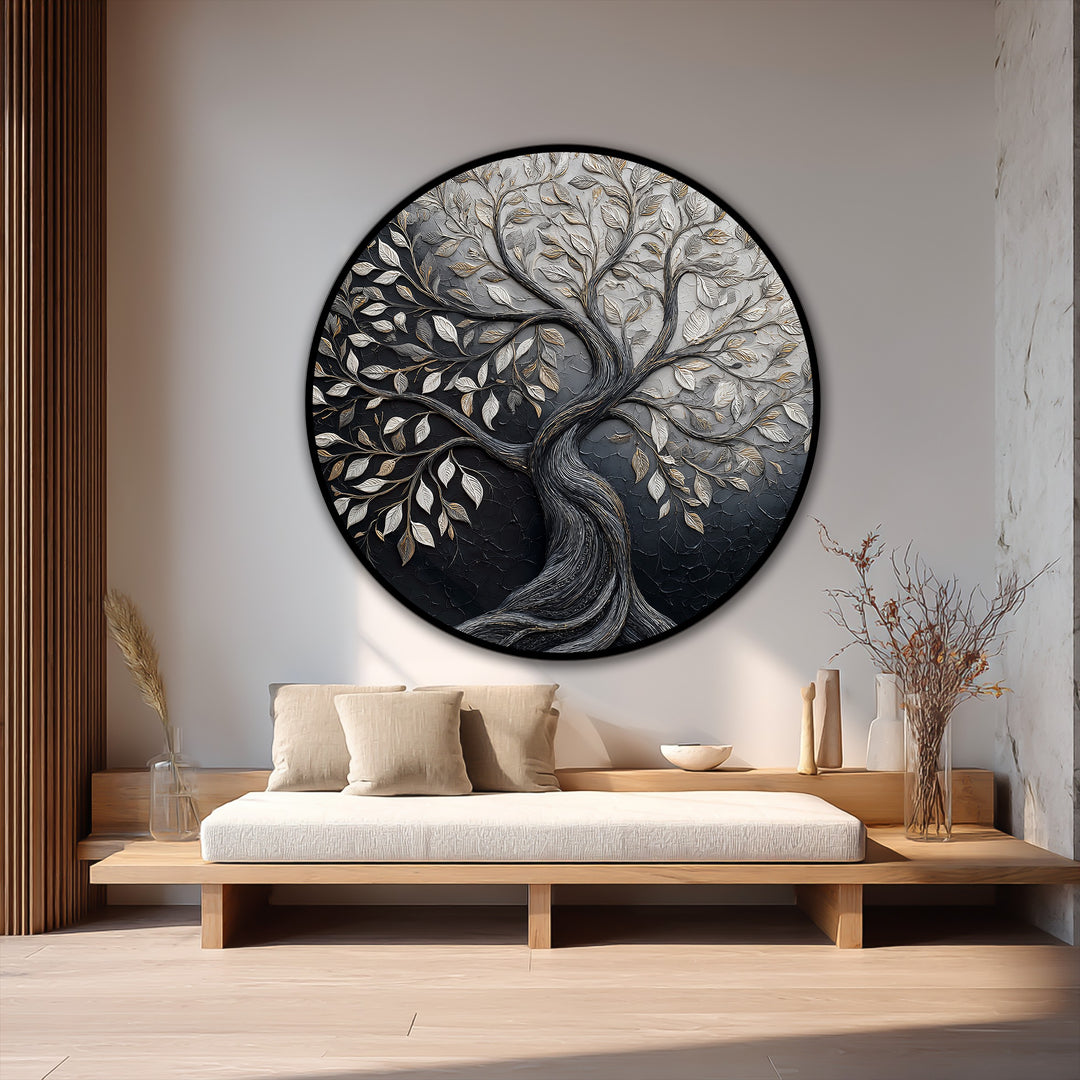 Horizontal and round, this oil painting artwork displays an 'Eternal Contrast' of a dual-tone Tree of Life within its circular shape.