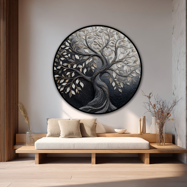 Horizontal and round, this oil painting artwork displays an 'Eternal Contrast' of a dual-tone Tree of Life within its circular shape.