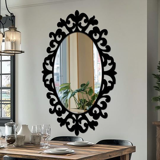 Stillness emanates from this regal scroll oval decorative wall mirror, a modern mirror reflecting a serene, classical baroque elegance in its frame.