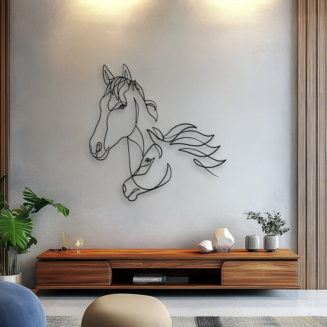 Superior material quality is evident in this minimalist dual horse line art, a finely crafted piece of decorative metal art.