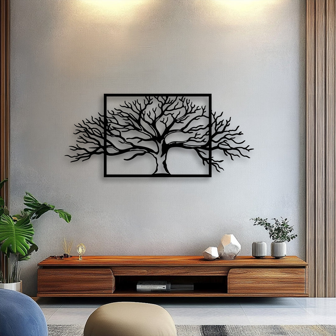 The framed tree metal art for wall features an abstract nature branch design, establishing a harmonious visual rhythm through its intricate, flowing lines.