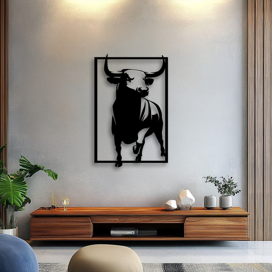 The central subject is a powerful bull silhouette, beautifully crafted as metal decoration wall art within a rectangular frame.