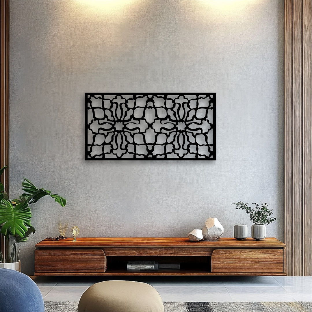 Visual rhythm pulsates through the symmetrical, intricate ornamental geometric pattern panel, functioning as unique metal artwork.