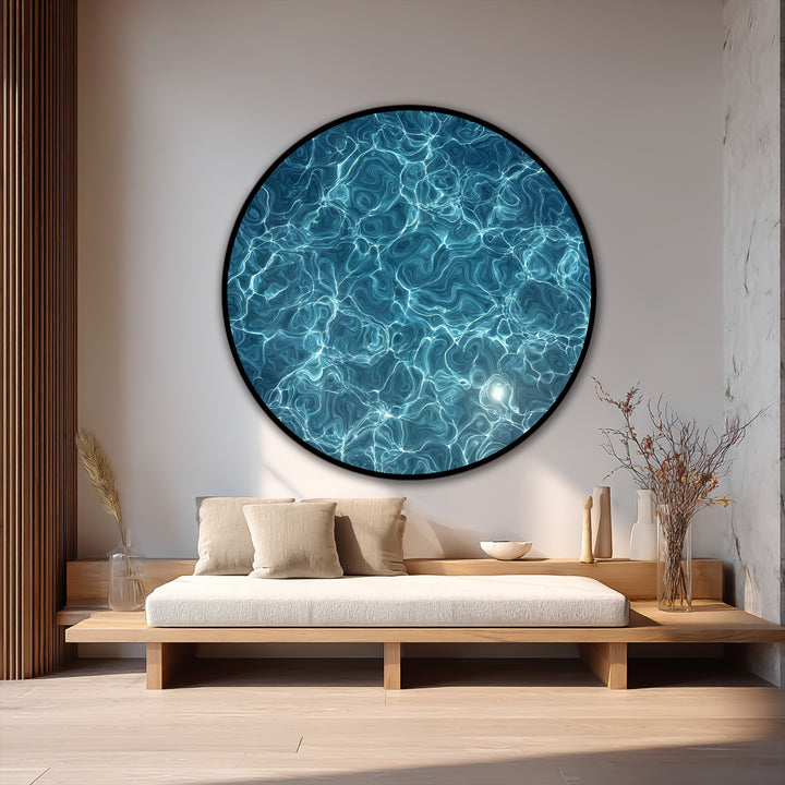 The negative space around the luminous water texture in this round oil painting decoration allows the cool azure current to become a serene focal point.