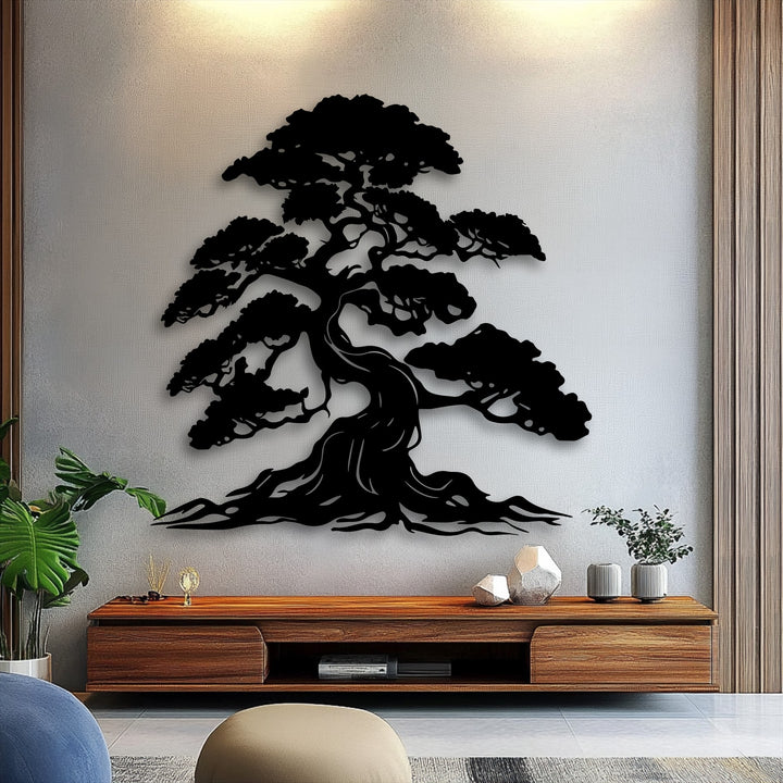 A commanding black bonsai tree metal artwork, showcasing a timeless, nature-inspired silhouette with flowing intricate branches.