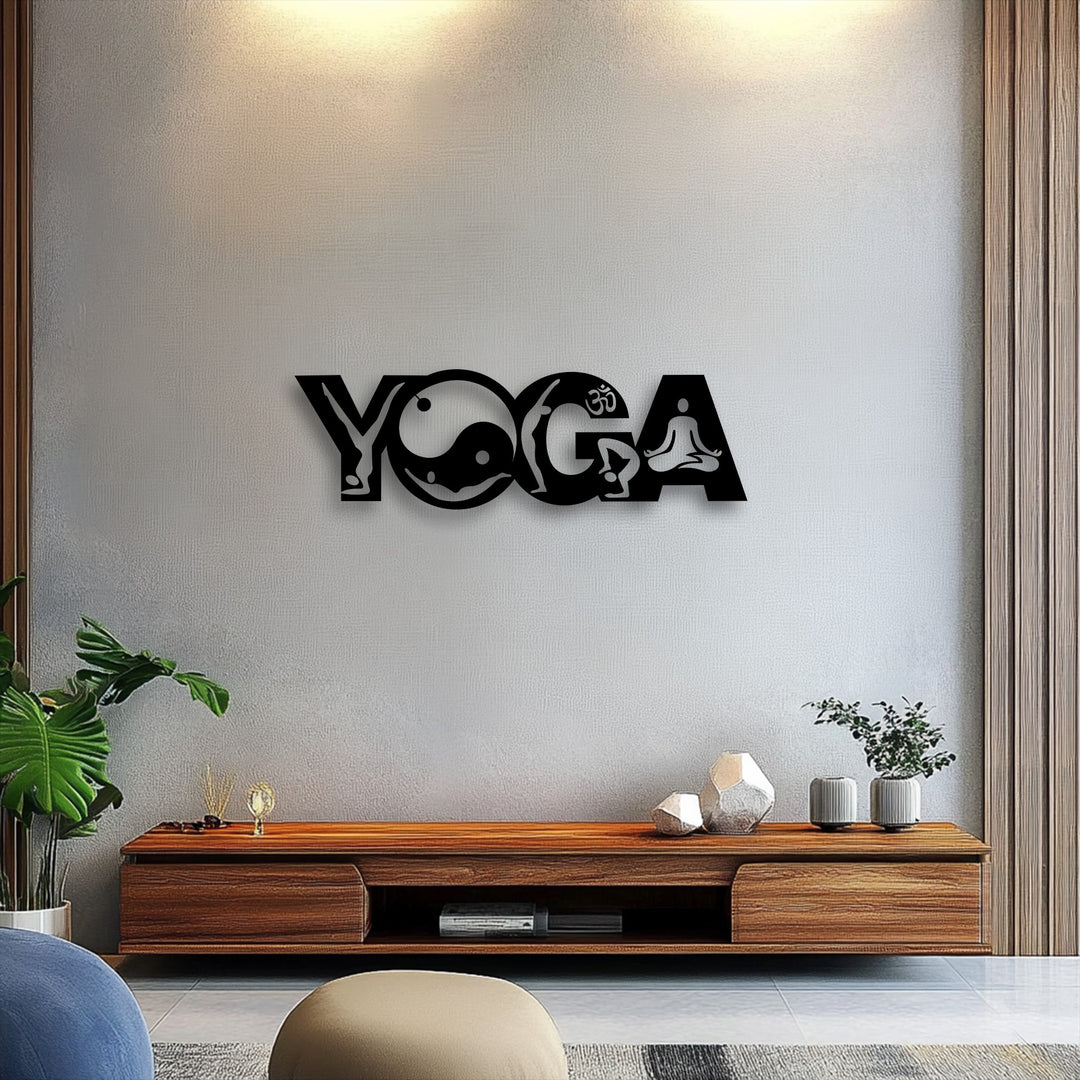 A striking black Yoga Balance Flow – Yin Yang Meditation unique metal wall art piece is the focal point on a light gray wall.