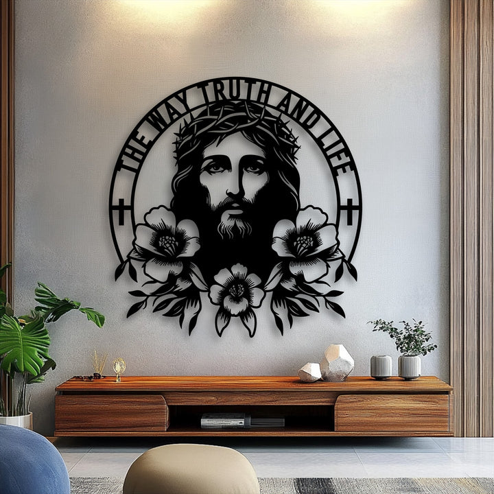 Deep layers of the black decorative metal art depicting Jesus and 'The Way Truth and Life' text create striking depth on the wall.