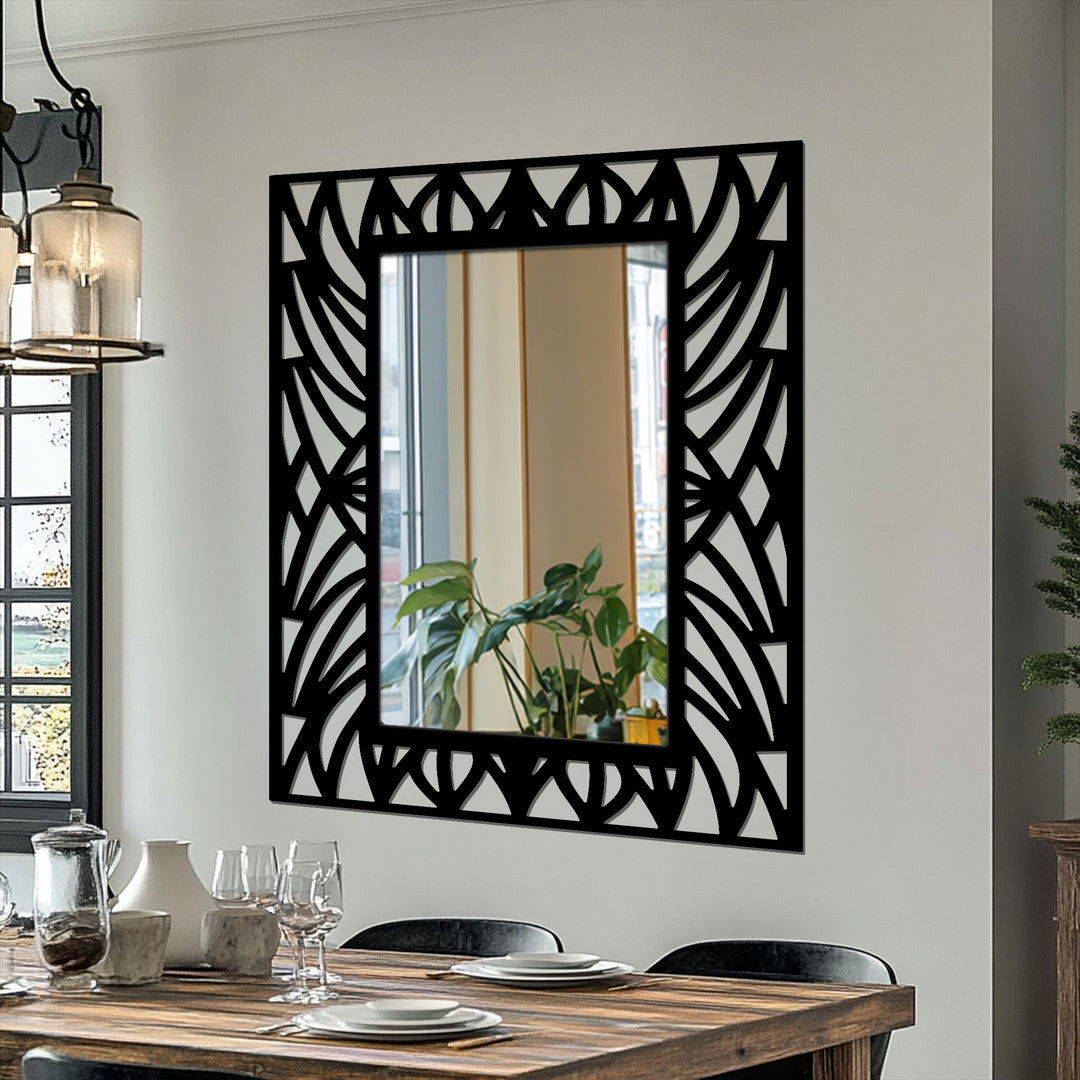 As the focal point, this abstract botanical pattern frame floor mirror with a black metal design enhances home decor.