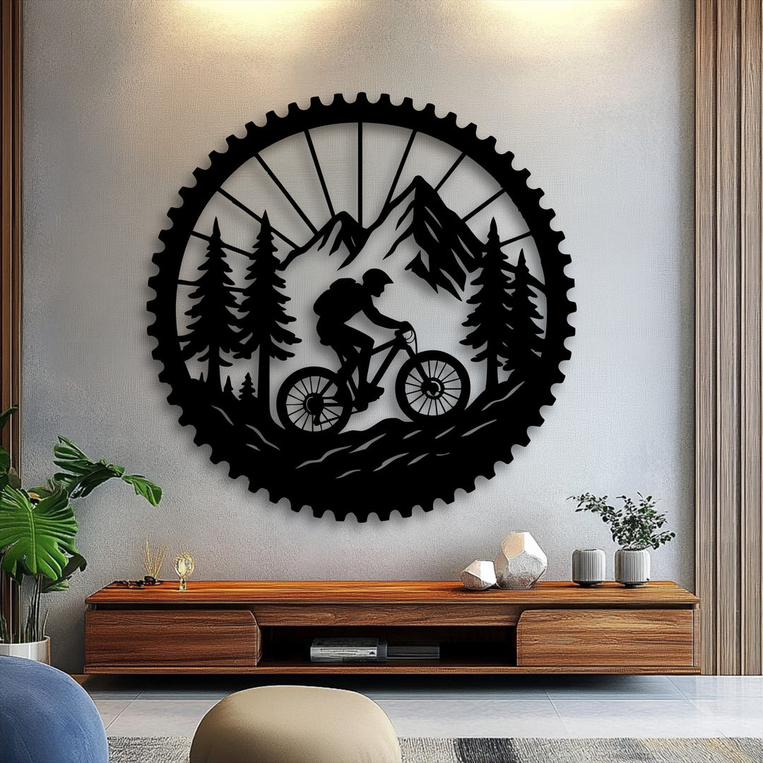 The varied surface textures, from the granular wall to the sleek metal decoration wall art, highlight the mountain biker scene.