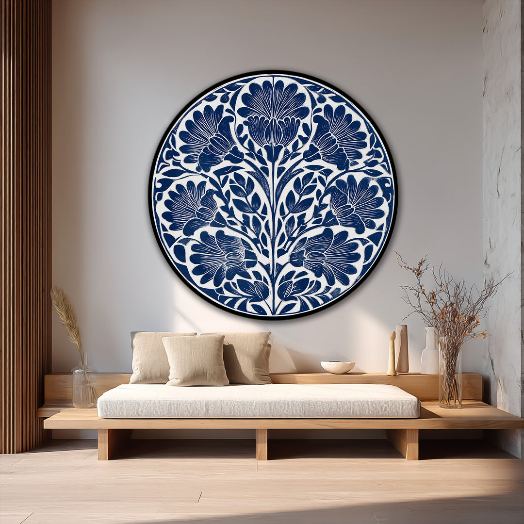 Horizontal round Indigo Floral Motif oil painting art prints showcases an elegant botanical design in navy and white, offering a touch of classic charm.