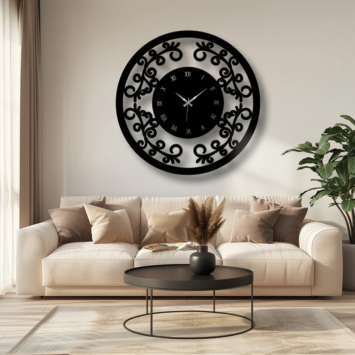 Horizontal, round ornamental floral frame vintage metal wall clock is a piece of unique metal wall art that offers a decorative accent.