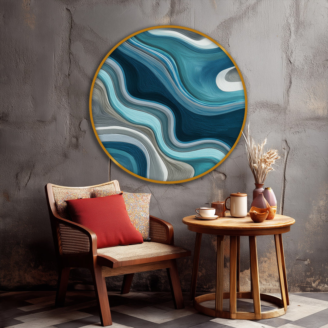 Fluid Teal Waves Round Canvas Print – Modern Abstract Wall Art