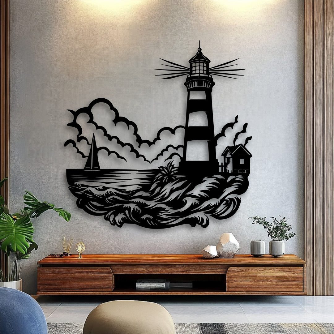With low color saturation, this striking lighthouse seascape metal wall art features a sailboat and ocean waves, serving as elegant decoration wall art.