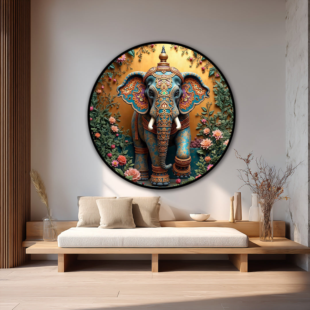Sacred Garden Majesty – Floral Ganesha Round Oil Painting