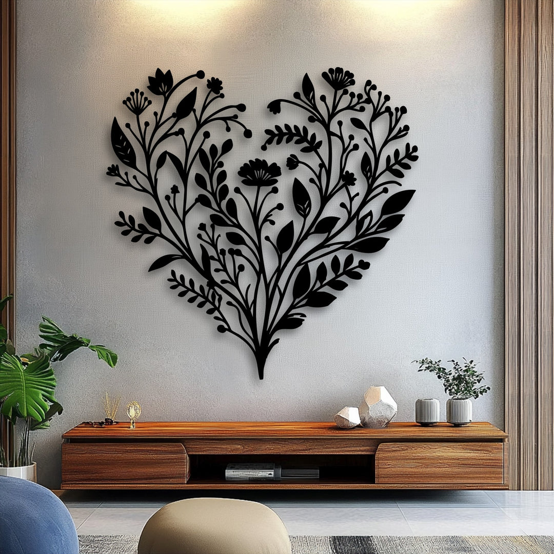 Balanced color saturation emphasizes the bold black botanical heart decorative metal art against a subtle wall, perfect for serene floral nature decor.