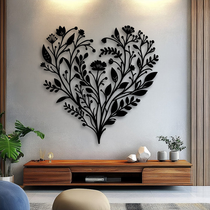Balanced color saturation emphasizes the bold black botanical heart decorative metal art against a subtle wall, perfect for serene floral nature decor.