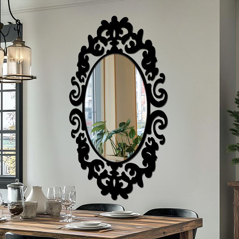 The loudest element in this royal crest ornament oval floor mirror is its bold, decorative black frame, an elegant piece of decoration wall art that enhances any room.