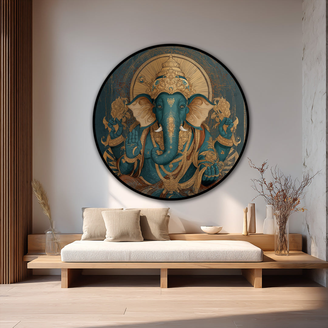 Turquoise Majesty – Royal Ganesha Round Oil Painting