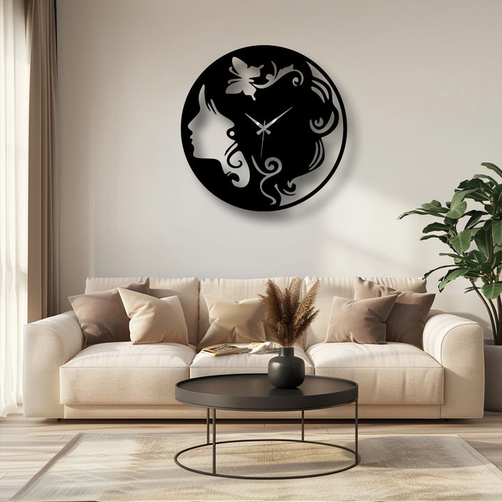 The crisp, precise edges and intricate borders of the Woman Silhouette Metal Wall Clock, a striking piece of metal artwork.