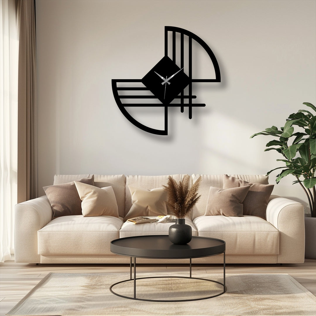 Set against the light neutral background, the abstract line metal wall clock casts a slight shadow, creating a subtle contrast in this decorative metal art piece.
