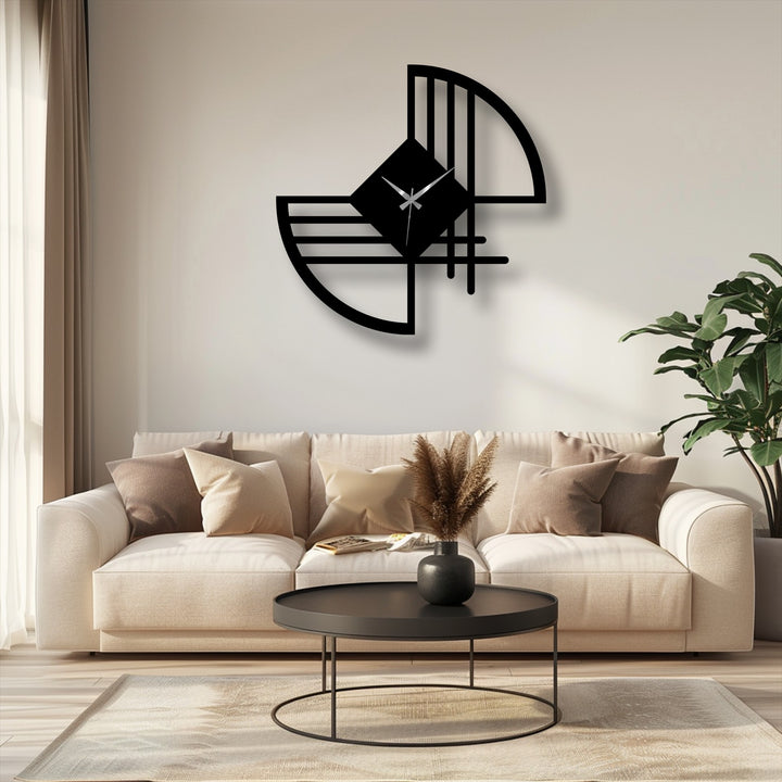 Set against the light neutral background, the abstract line metal wall clock casts a slight shadow, creating a subtle contrast in this decorative metal art piece.