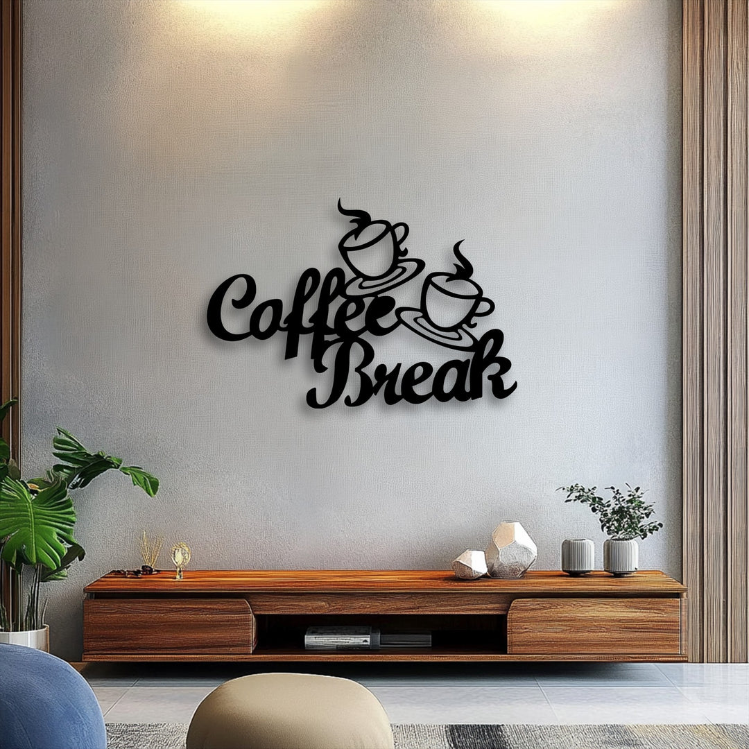 The light gray wall features a stylish Coffee Break Script Metal Wall Art, a unique decoration wall art above a wooden console.