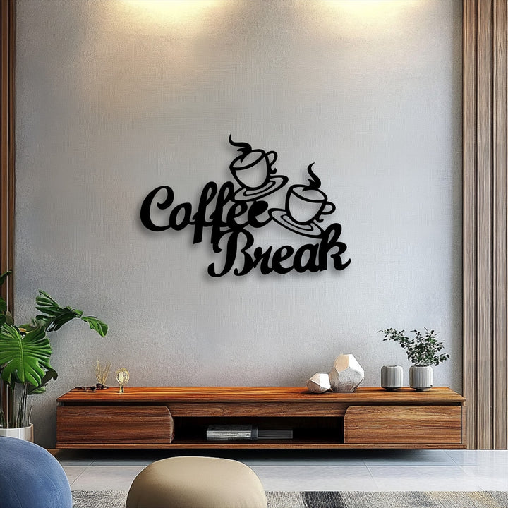 The light gray wall features a stylish Coffee Break Script Metal Wall Art, a unique decoration wall art above a wooden console.