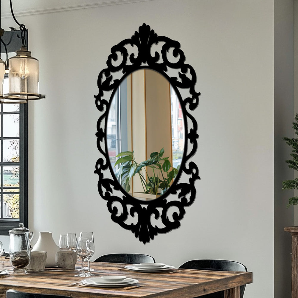 Highlighting the layering effect, the ornate vintage flourish oval floor mirror’s modern mirror design creates depth and visual interest.
