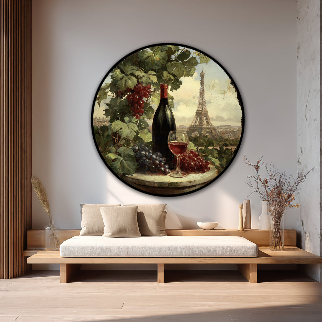 High color contrast enhances the round oil painting wall art of a Paris vineyard still life, featuring a dark wine bottle against the light Eiffel Tower backdrop.