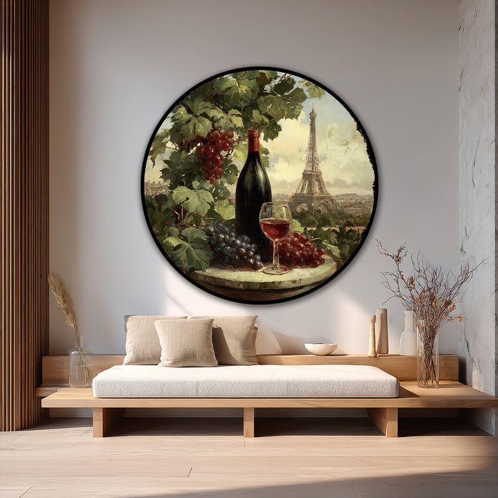 High color contrast enhances the round oil painting wall art of a Paris vineyard still life, featuring a dark wine bottle against the light Eiffel Tower backdrop.