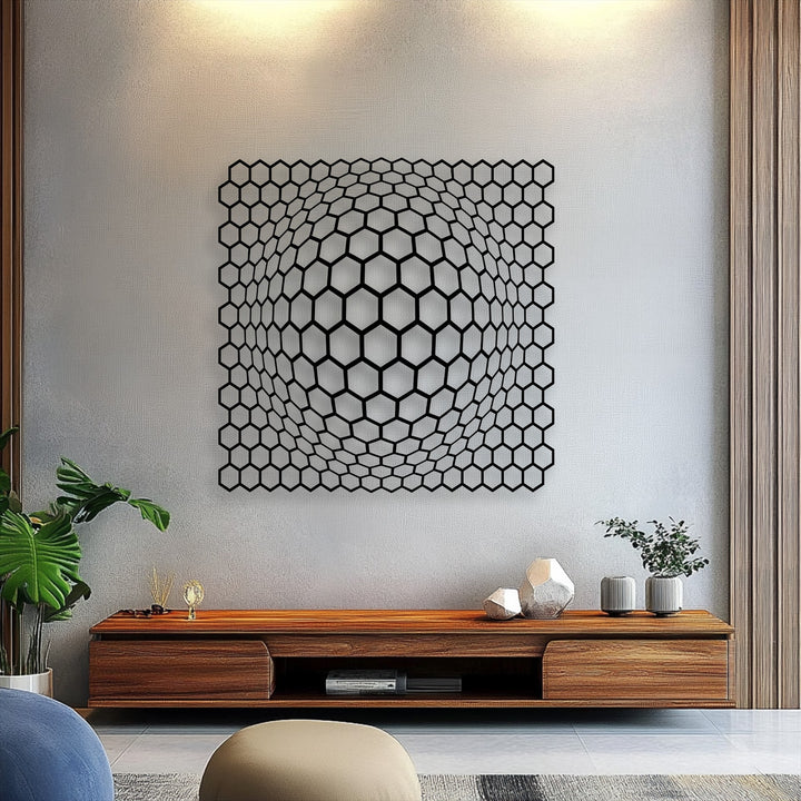 Stillness pervades as a modern geometric hexagon depth illusion metal wall decor calmly anchors the contemporary living space.