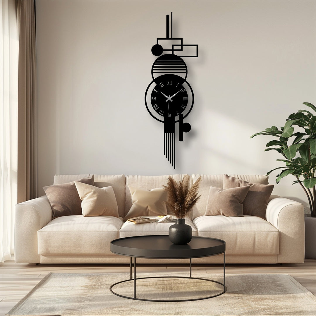 Illuminating the scene, a modern vertical abstract metal wall clock with geometric shapes serves as a sleek home decoration.