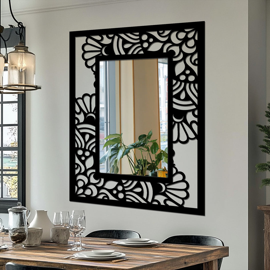 Modern Botanical Pattern Metal Floor Mirror – Abstract Floral Frame