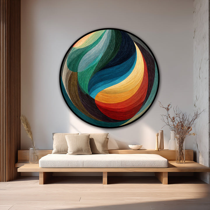 Illuminated by sunlight, the vibrant yellow and red tones of this round abstract oil painting artwork create a bright and flowing chromatic effect.
