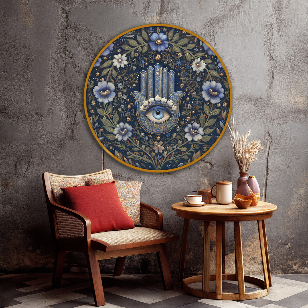 Floral Hamsa Eye Round Canvas Print – Elegant Spiritual Botanical Wall Art