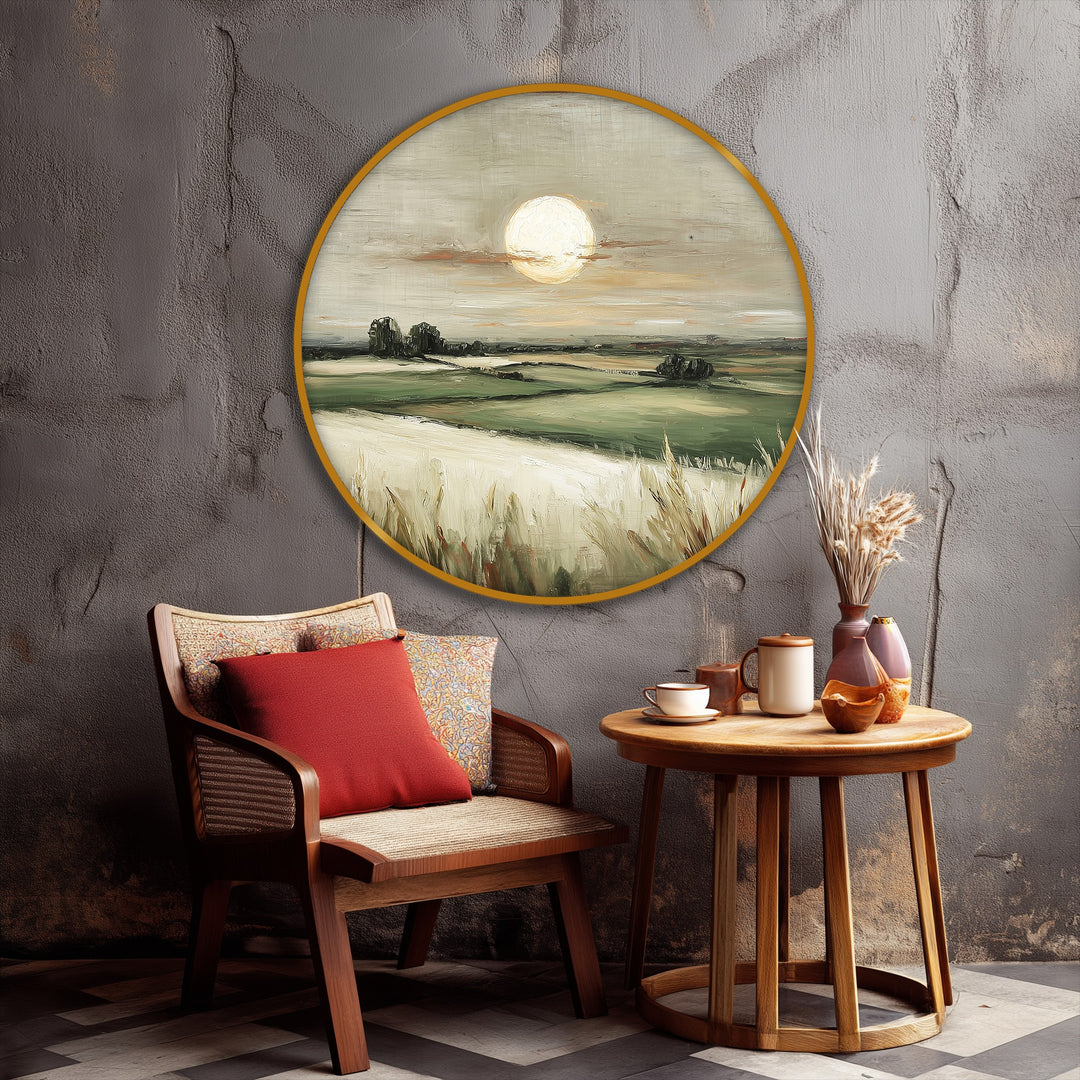 Golden Horizon Countryside Landscape Round Canvas Print – Serene Field Wall Art