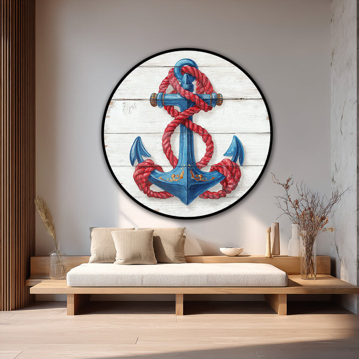 Showcasing the abstract quality, this round nautical art oil painting art prints portrays an anchor entwined with red rope, evoking a sense of seaside abstraction.
