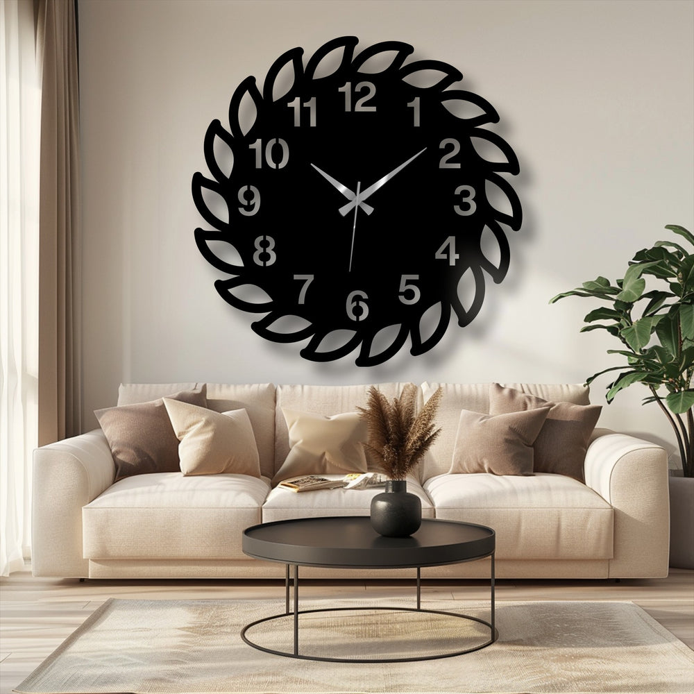 Adding depth and layers, this decoration wall art features a modern nature-inspired metal wall clock with a striking leaf frame design casting playful shadows on the wall.