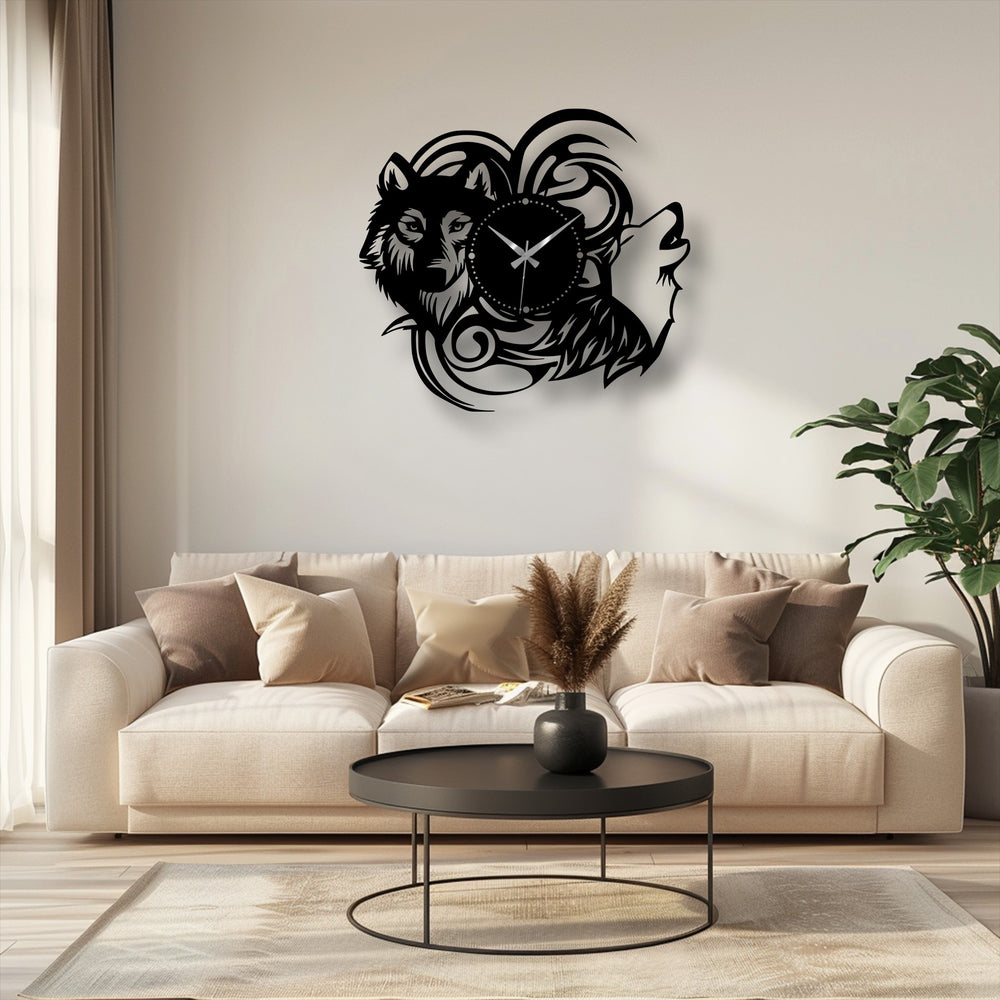 Shadows highlight the intricate cutouts of this mystic wolf silhouette metal wall decor, contrasting against the stark face of the animal design.