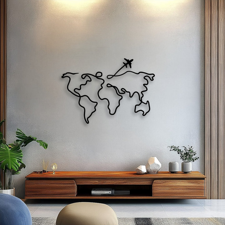 Offering a strong color contrast, the black silhouette of this unique metal wall art, a minimalist world map, pops against the light wall.