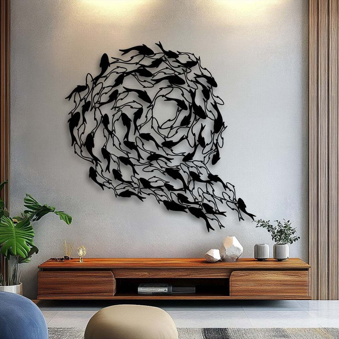 The visual rhythm of this circular koi fish metal wall decor captures flowing harmony with its intricate, repeated silhouettes.